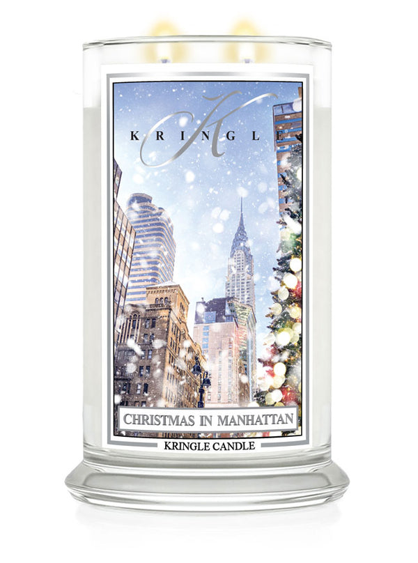 Kringle Candle with 'Christmas in Manhattan' design on a white background