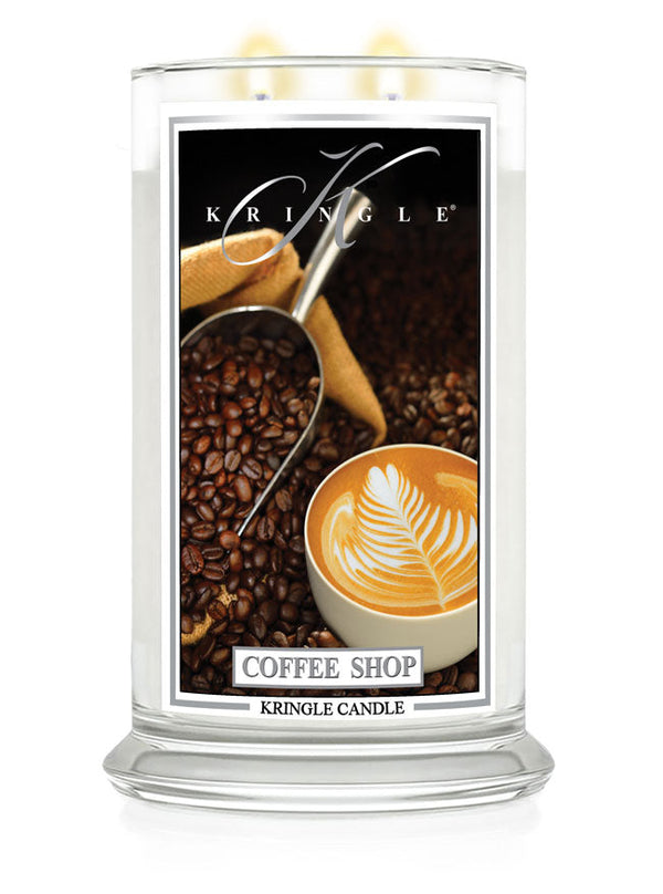 Kringle Candle with 'Coffee Shop' design featuring coffee beans and a cup of coffee.