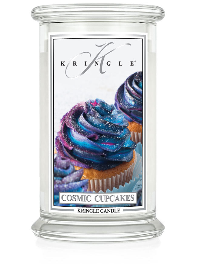 Kringle Candle with 'Cosmic Cupcakes' design on a white background