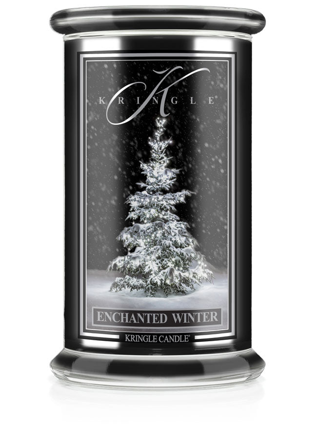 Kringle Candle with a snowy tree design on a white background
