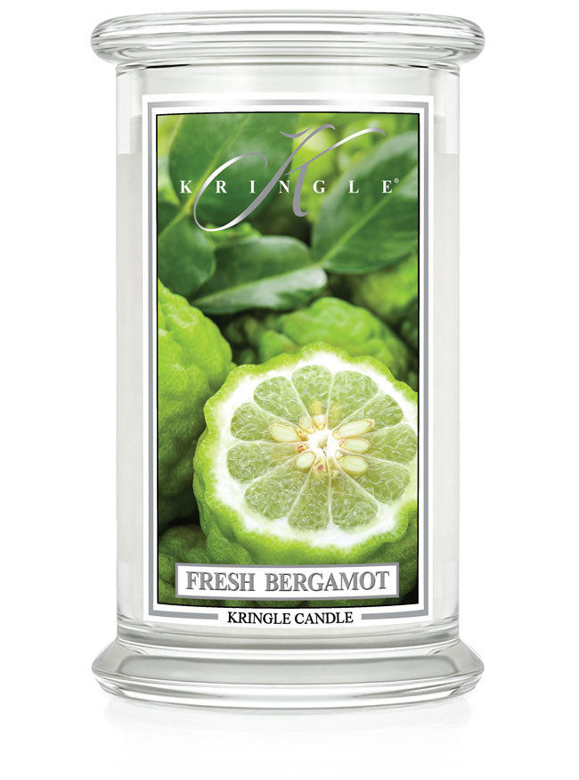 Kringle Candle Fresh Bergamot with green leaf design on a white background