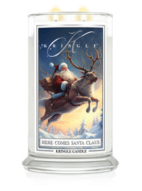 Kringle Candle with Santa Claus and reindeer design on a white background