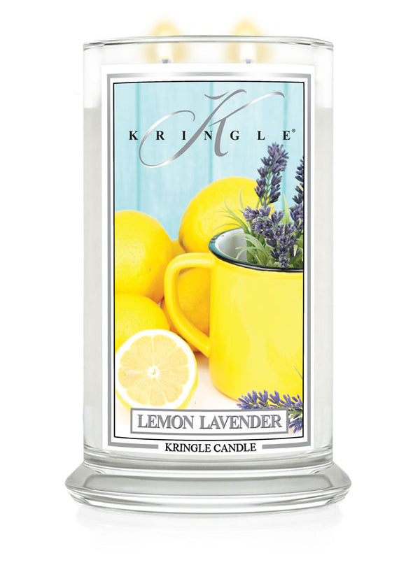 Kringle Candle Lemon Lavender scented candle with lemon and lavender design on label