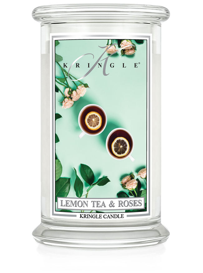 Kringle Candle with 'Lemon Tea & Roses' design on a white background