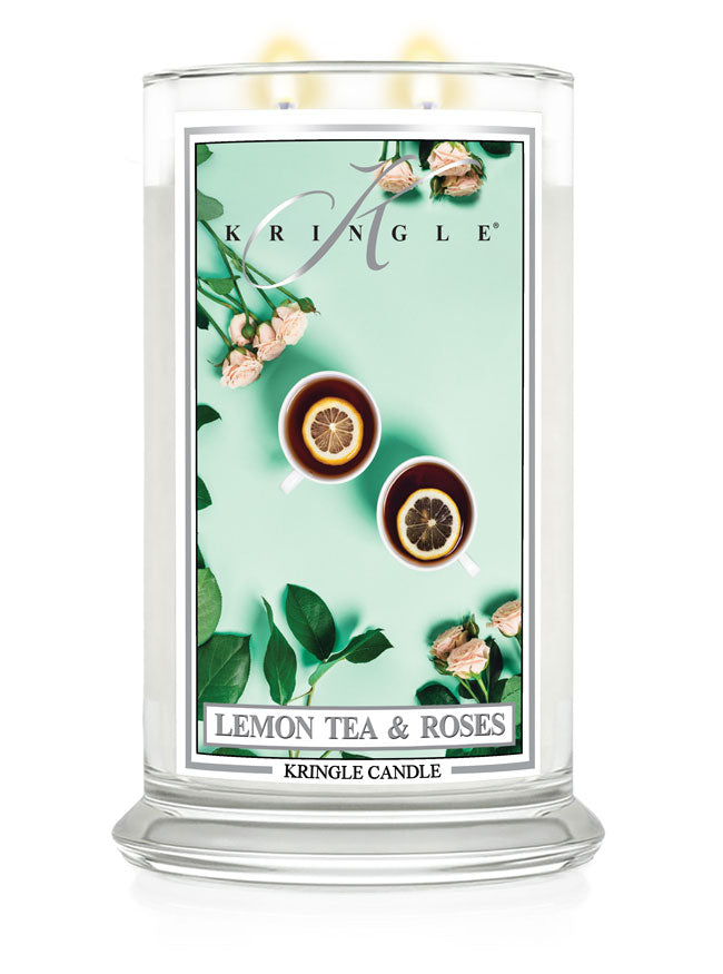 Kringle Candle with 'Lemon Tea & Roses' design on a white background
