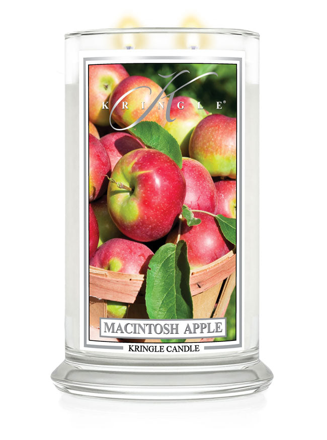 Kringle Candle Macintosh Apple scented candle with an image of apples on the label.