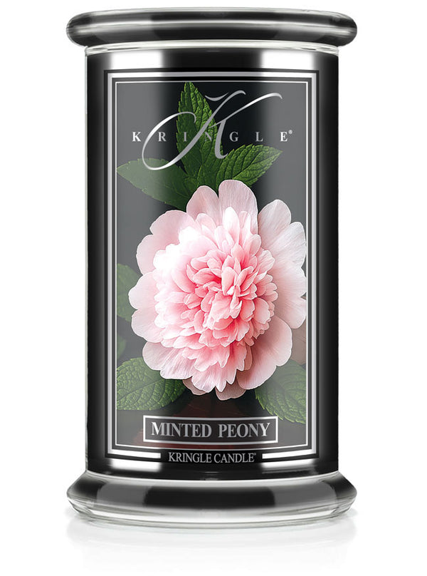 Kringle Candle Minted Peony with pink peony flower design on a white background