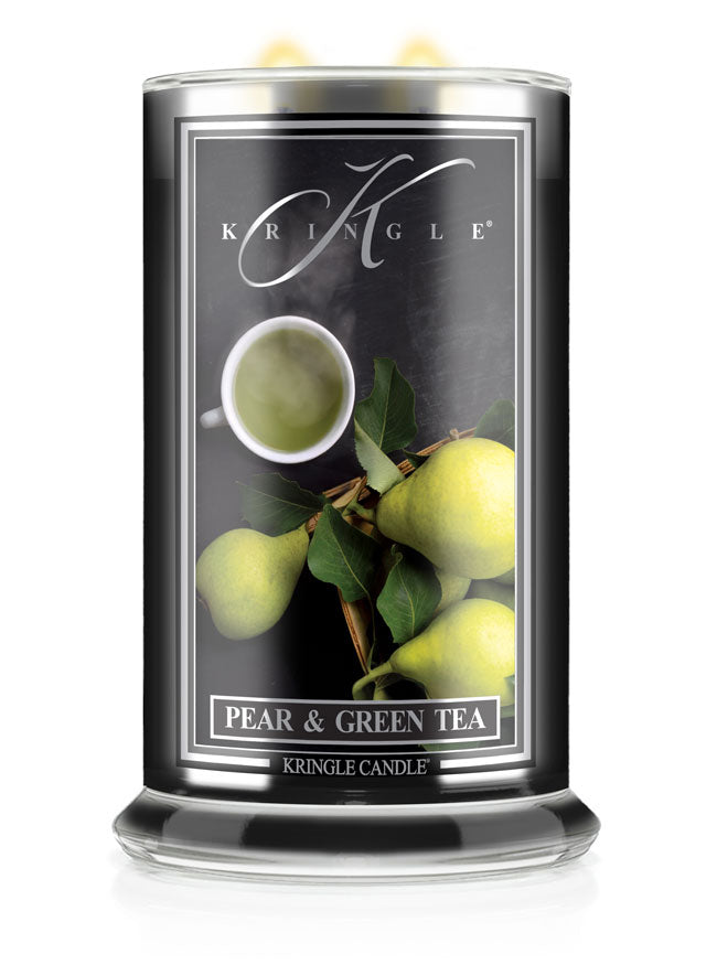 Kringle Candle with pear and green tea design on a white background