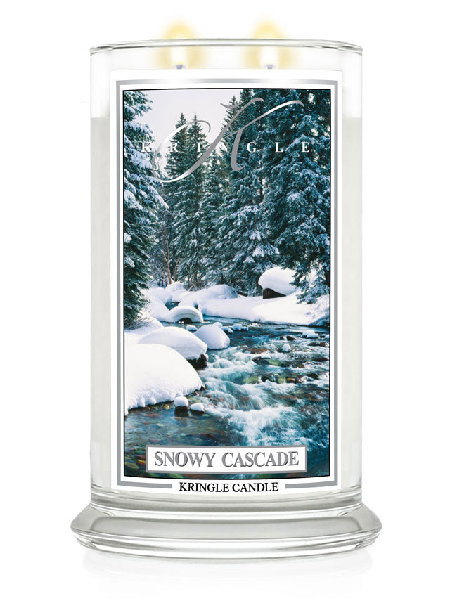 Kringle Candle Snowy Cascade candle with winter scene packaging on a white background