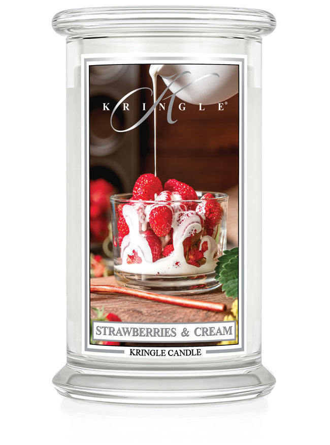 Kringle Candle with 'Strawberries & Cream' flavor on a white background