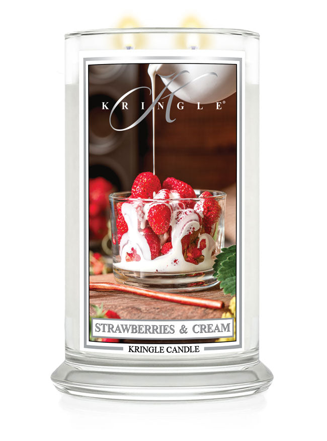 Kringle Candle with 'Strawberries & Cream' flavor on a white background
