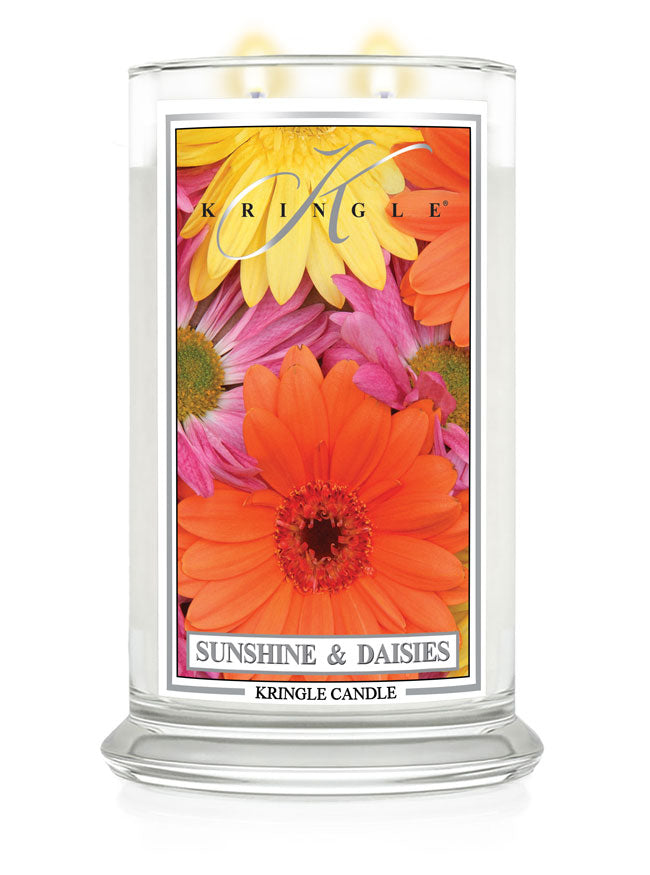 Kringle Candle with 'Sunshine & Daisies' design on a white background
