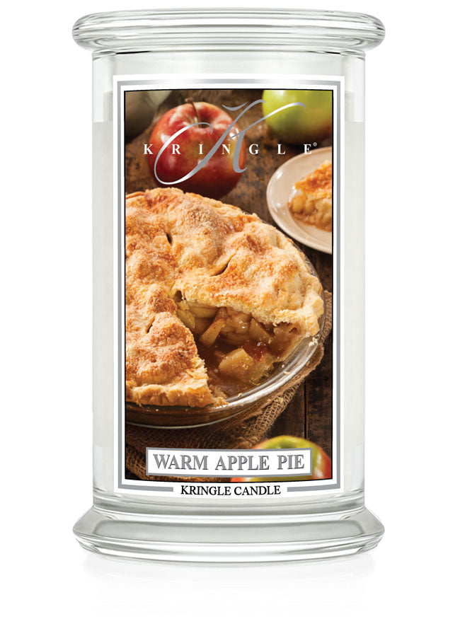 Kringle Candle with 'Warm Apple Pie' label on a white background