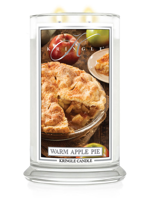 Kringle Candle Warm Apple Pie candle with a pie and apple illustration on the label.