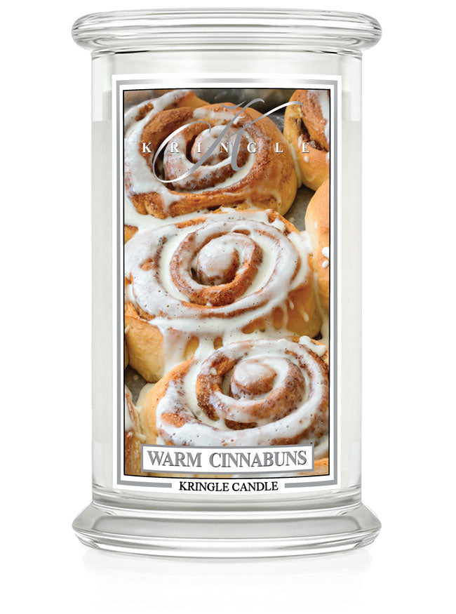 Kringle Candle with a design of cinnamon buns on a white background