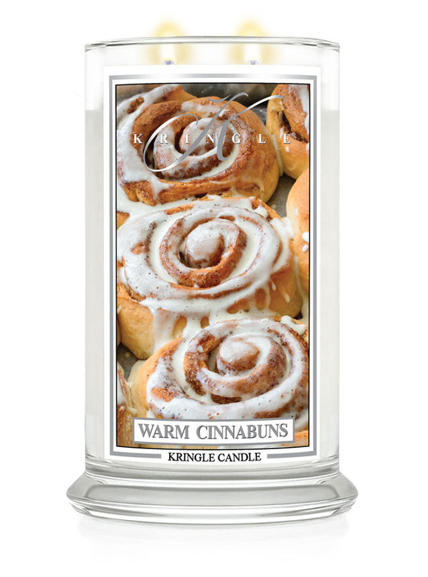 Kringle Candle with 'Warm Cinnabuns' packaging on a white background