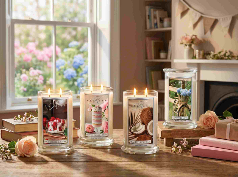 Four Kringle Candle large jar candles on a warm wood table in a spring living room with garden view, featuring Strawberries and Cream, Chiffon Parfait and Peony, Salted Coconut, and Country Love, with peach roses, pink books, bunting, and flowers on the mantle.