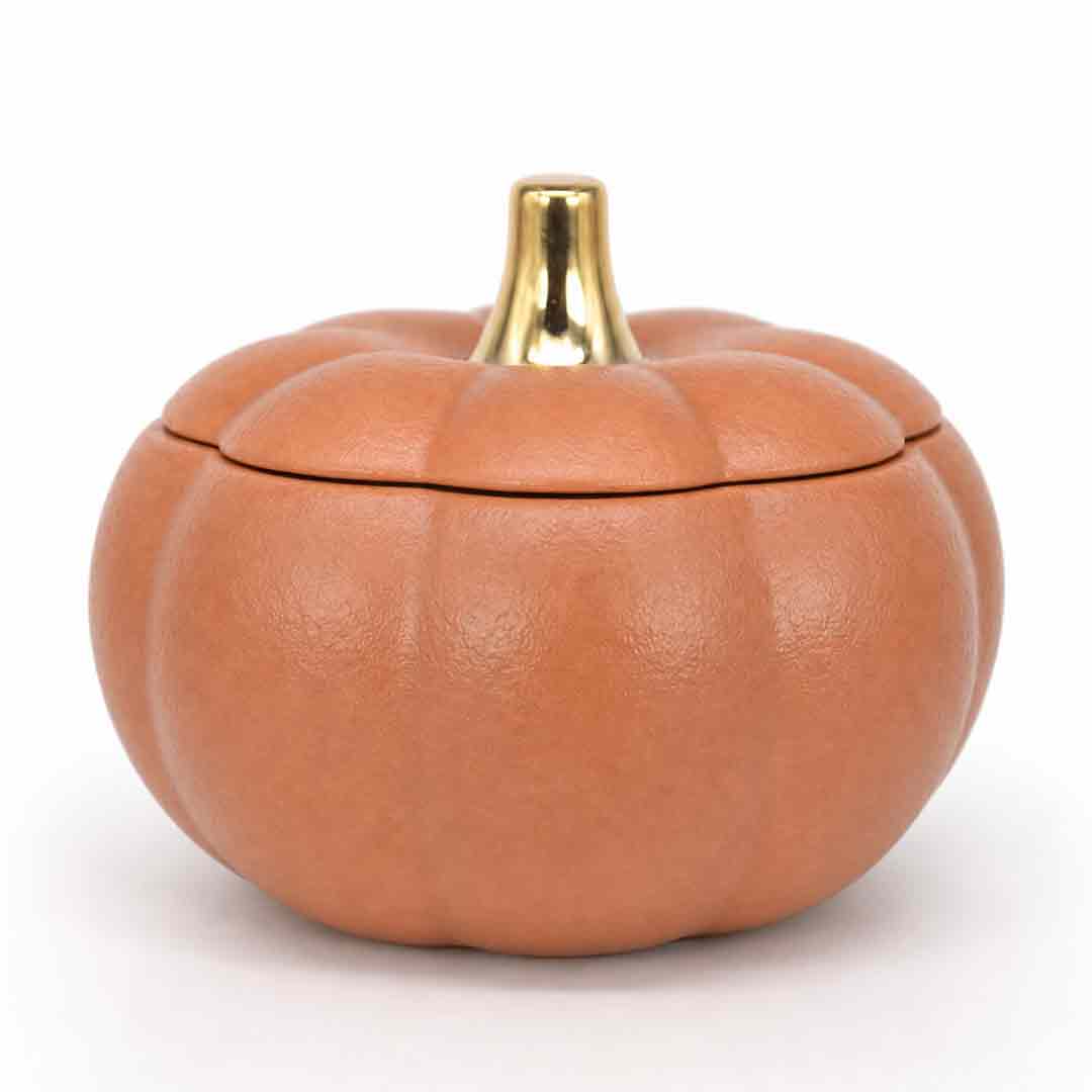 A small pumpkin-shaped container with a lid, made of smooth terracotta-colored material with a shiny gold stem, set against a plain white background.