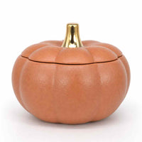 A small pumpkin-shaped container with a lid, made of smooth terracotta-colored material with a shiny gold stem, set against a plain white background.