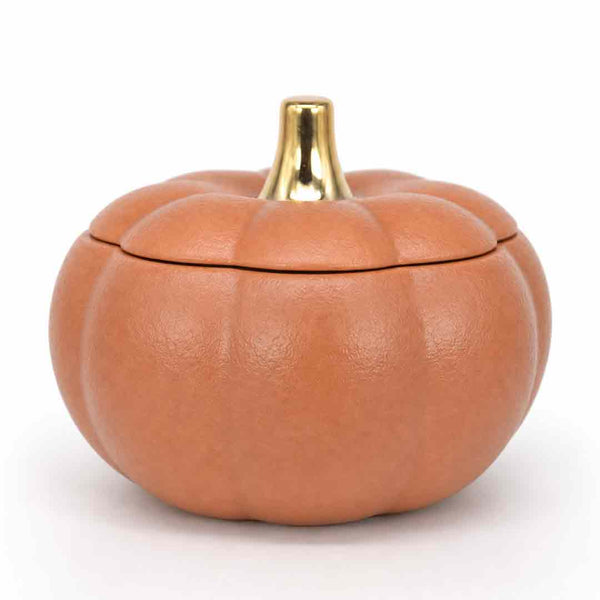A small pumpkin-shaped container with a lid, made of smooth terracotta-colored material with a shiny gold stem, set against a plain white background.