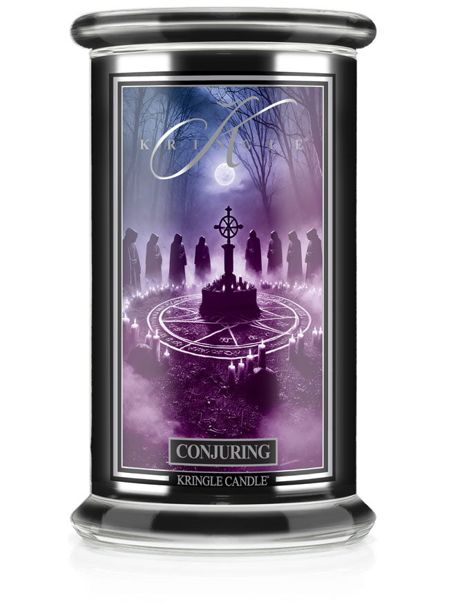 Candle jar labeled "Conjuring," unlit. Image depicts hooded figures around a mystical circle in a forest under moonlight.