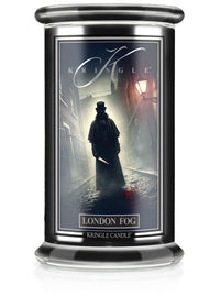 Unlit "London Fog" candle in a jar. The label shows a mysterious figure in a dark alley with a foggy, vintage streetlight.