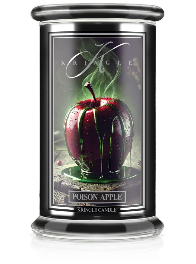 Unlit Halloween candle in "Poison Apple" scent with a label showing a glossy apple covered in green liquid.