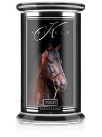 Unlit Reserve candle labeled "Polo," features a horse image on a black jar.