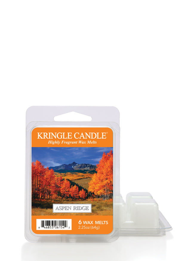 Kringle Candle Aspen Ridge wax melt package with autumn scene design on a white background