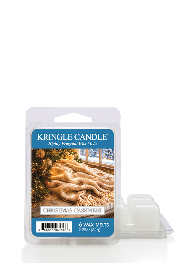 Kringle Candle Christmas Cashmere 6-wax melt package shown with the clear plastic clamshell container and three melted wax cubes on a white background.