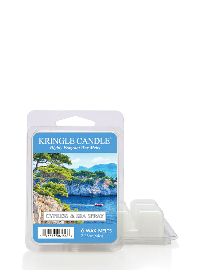 Kringle Candle Cypress and Sea Spray wax melt package with scenic label on a white background.