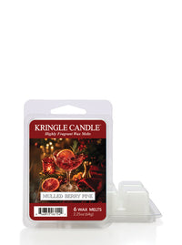 Kringle Candle 'Mulled Berry Pine' 6-wax melt clamshell packaging shown with two translucent white wax melts in front of the retail card on a white background.