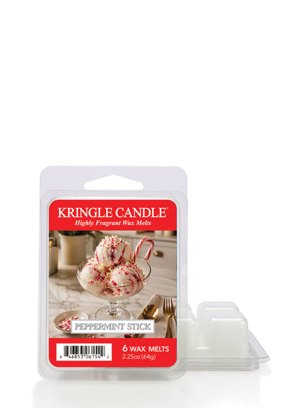 Kringle Candle Peppermint Stick 6 wax melts in a clear clamshell package with a white plastic clamshell container placed beside it on a white background.