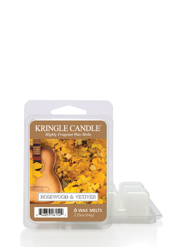 Wax melts package featuring Rosewood & Vetiver scent; label shows a guitar and yellow leaves.