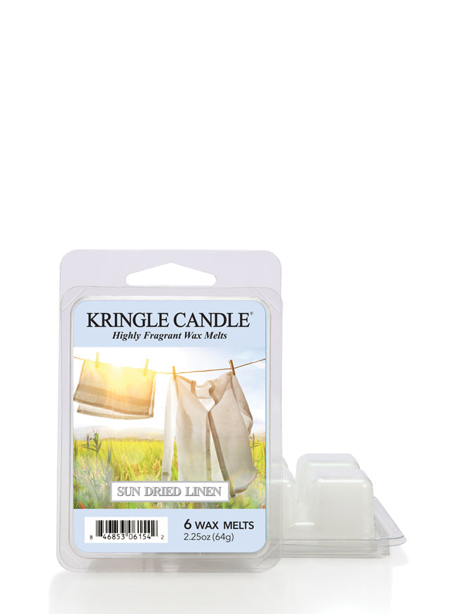 Kringle Candle Sun Dried Linen wax melts packaging with a scenic label on a white background