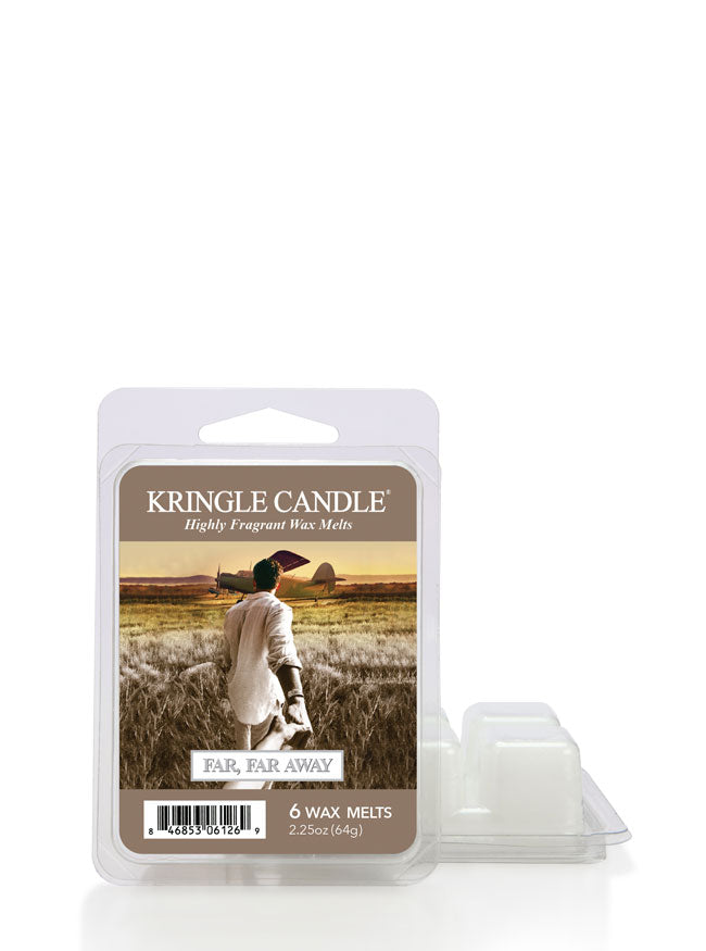 Photo of Kringle Candle's Far, Far Away Wax Melt that features a man holding a woman's hand walking her towards a small prop airplane in a field as if to take her away with him.